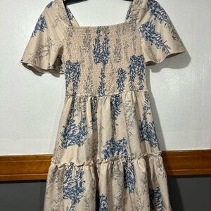 SHEIN Cream Sundress with Blue Floral Accents smocked